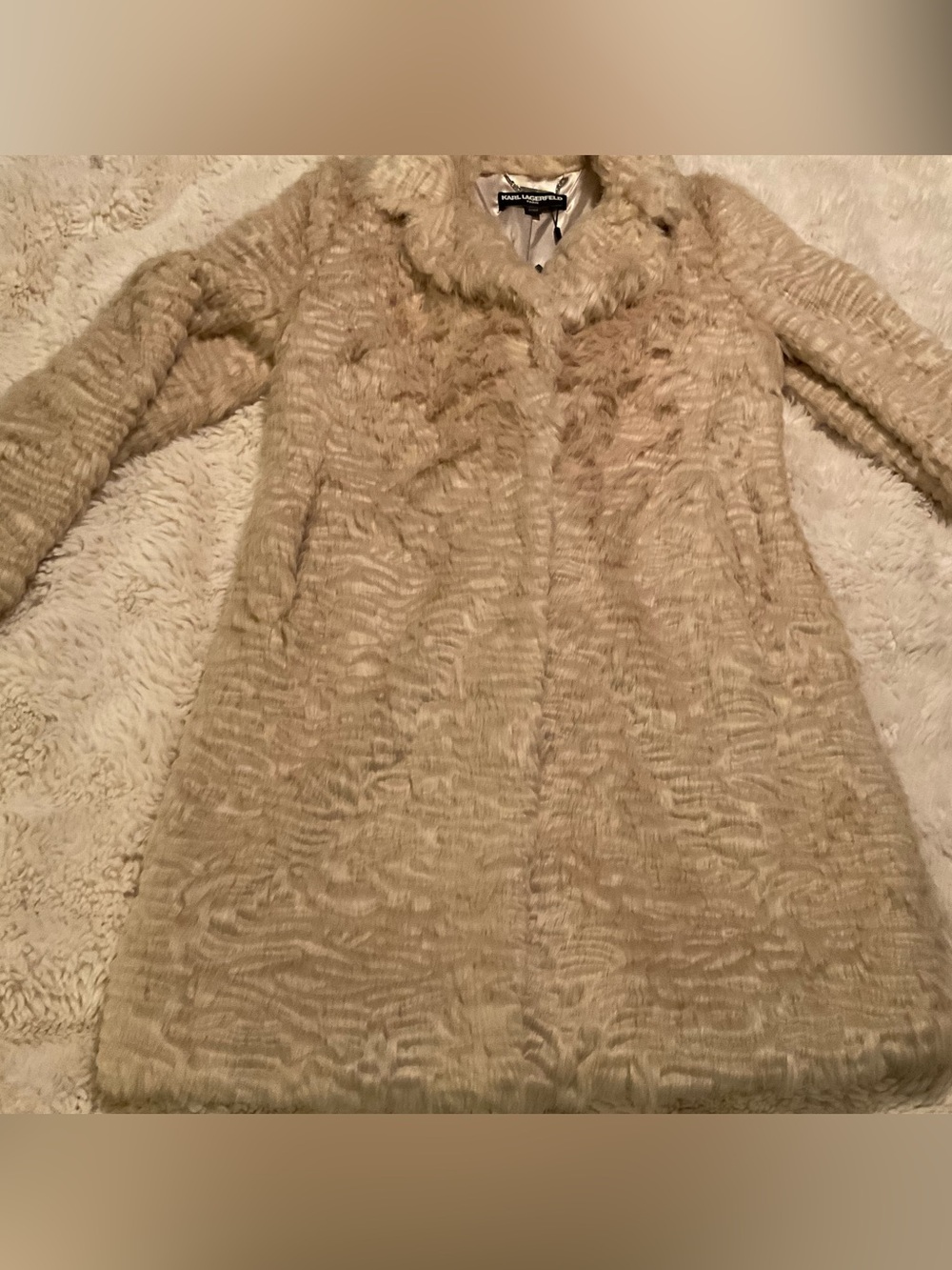 Karl Lagerfeld Cream Faux Fur Pea Coat
